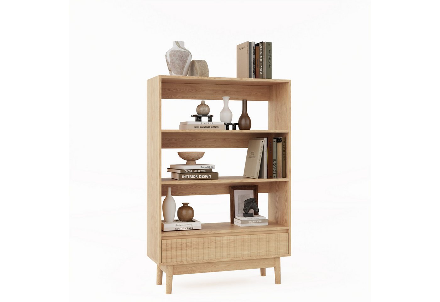 VOWNER Bücherregal mit Schublade, offenes Standregal, modernes Holzregal, 1-tlg., vielseitiges Aufbewahrungsregal, 3 Ebenen, Maße 80x120x30 cm – Bild 3 von 5