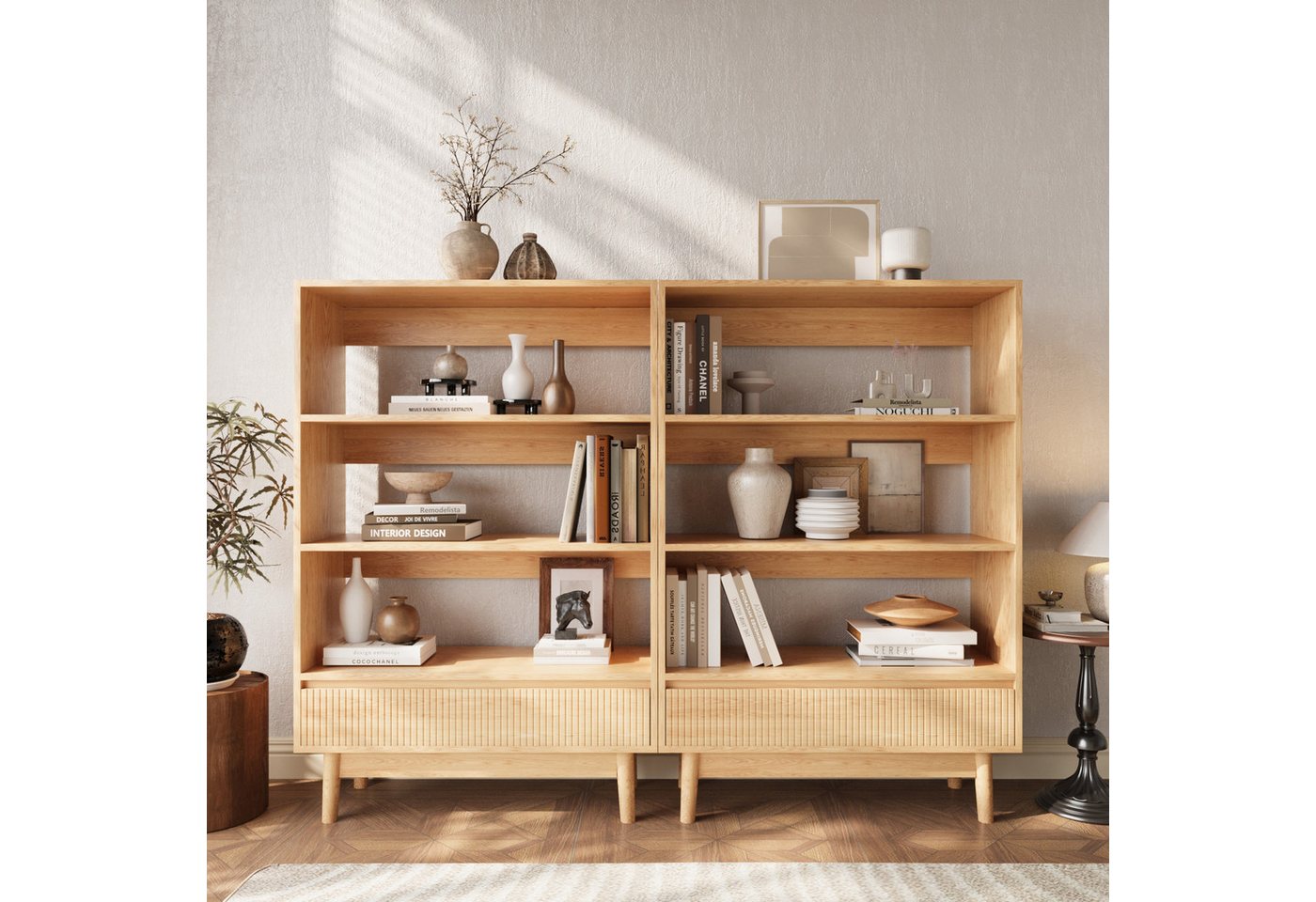 VOWNER Bücherregal mit Schublade, offenes Standregal, modernes Holzregal, 1-tlg., vielseitiges Aufbewahrungsregal, 3 Ebenen, Maße 80x120x30 cm – Bild 5 von 5