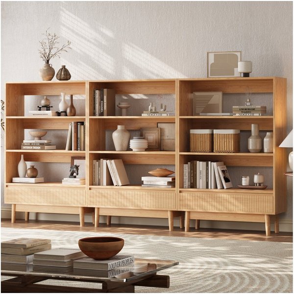 VOWNER Bücherregal mit Schublade, offenes Standregal, modernes Holzregal, 3-tlg., vielseitiges Aufbewahrungsregal, 3 Ebenen, Maße 240x120x30 cm