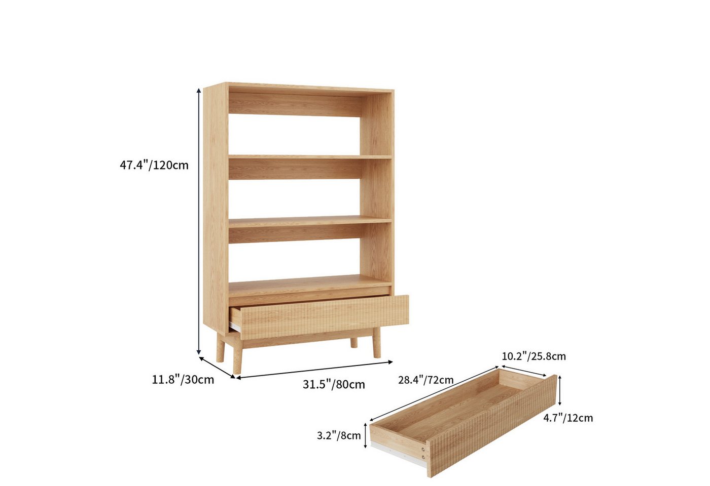 VOWNER Bücherregal mit Schublade, offenes Standregal, modernes Holzregal, 3-tlg., vielseitiges Aufbewahrungsregal, 3 Ebenen, Maße 240x120x30 cm – Bild 2 von 5