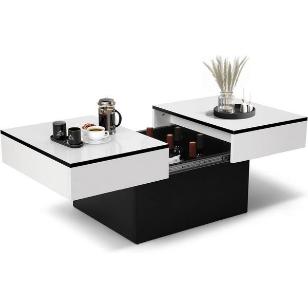 VOWNER Couchtisch Hochglanz-Sofatisch mit 2 Stauräumen, Beistelltisch, Wohnzimmertisch, mit Schiebefunktion, modern und ausziehbar