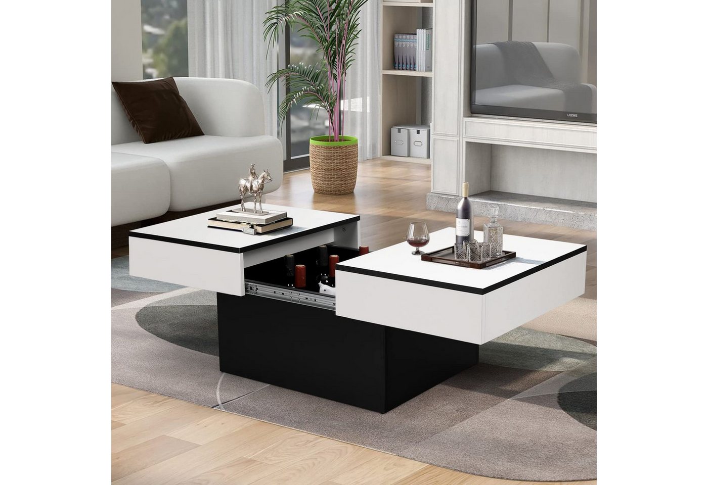 VOWNER Couchtisch Hochglanz-Sofatisch mit 2 Stauräumen, Beistelltisch, Wohnzimmertisch, mit Schiebefunktion, modern und ausziehbar – Bild 3 von 5