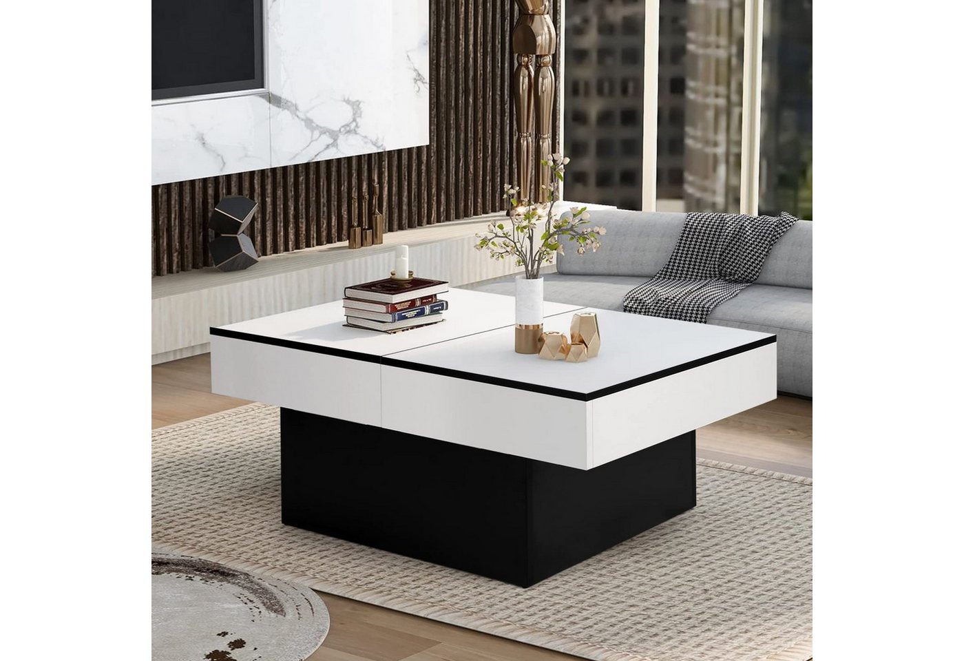 VOWNER Couchtisch Hochglanz-Sofatisch mit 2 Stauräumen, Beistelltisch, Wohnzimmertisch, mit Schiebefunktion, modern und ausziehbar – Bild 4 von 5
