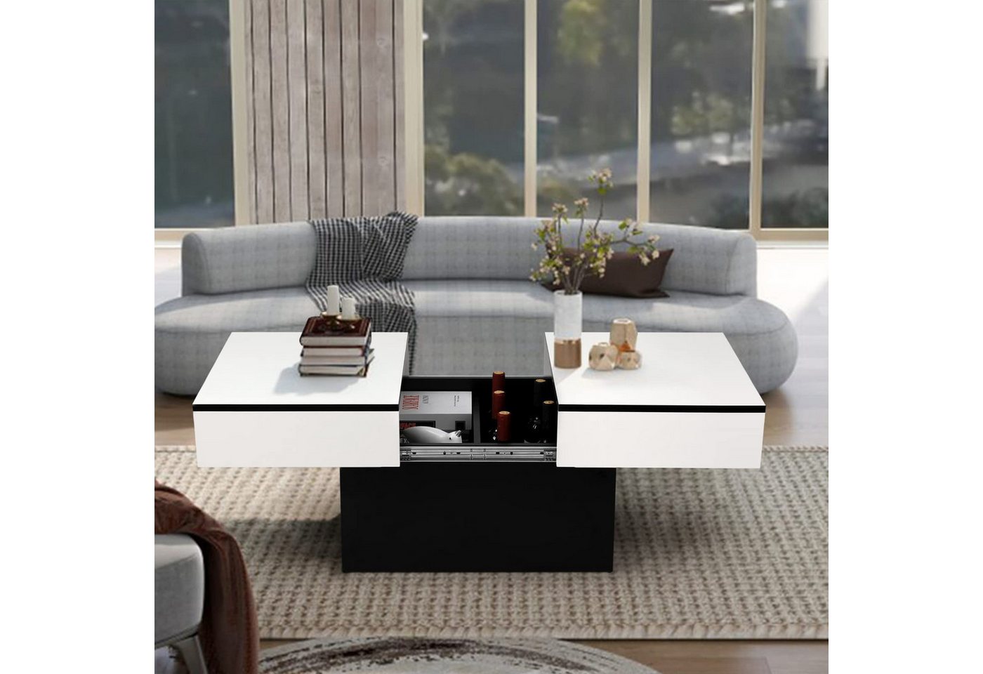 VOWNER Couchtisch Hochglanz-Sofatisch mit 2 Stauräumen, Beistelltisch, Wohnzimmertisch, mit Schiebefunktion, modern und ausziehbar – Bild 5 von 5