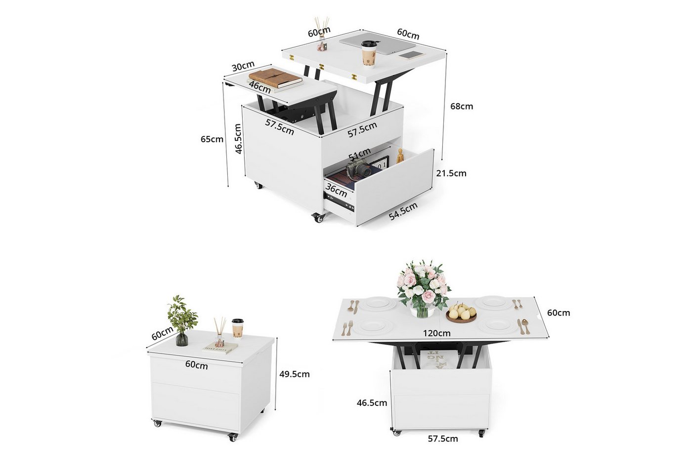 VOWNER Couchtisch Höhenverstellbar, 3-in-1-Multifunktions Wohnzimmer-Esstisch – Bild 2 von 5