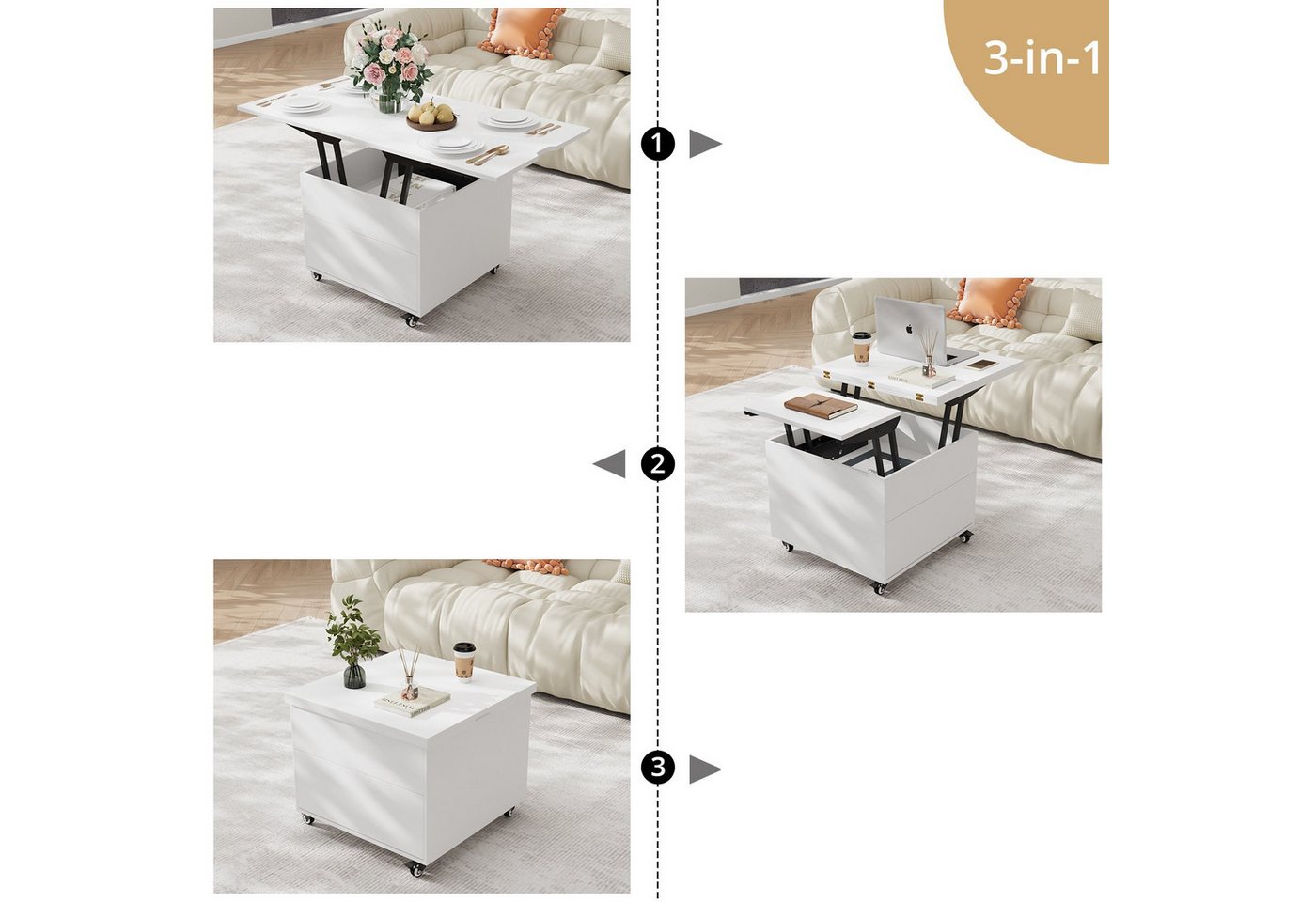 VOWNER Couchtisch Höhenverstellbar, 3-in-1-Multifunktions Wohnzimmer-Esstisch – Bild 5 von 5