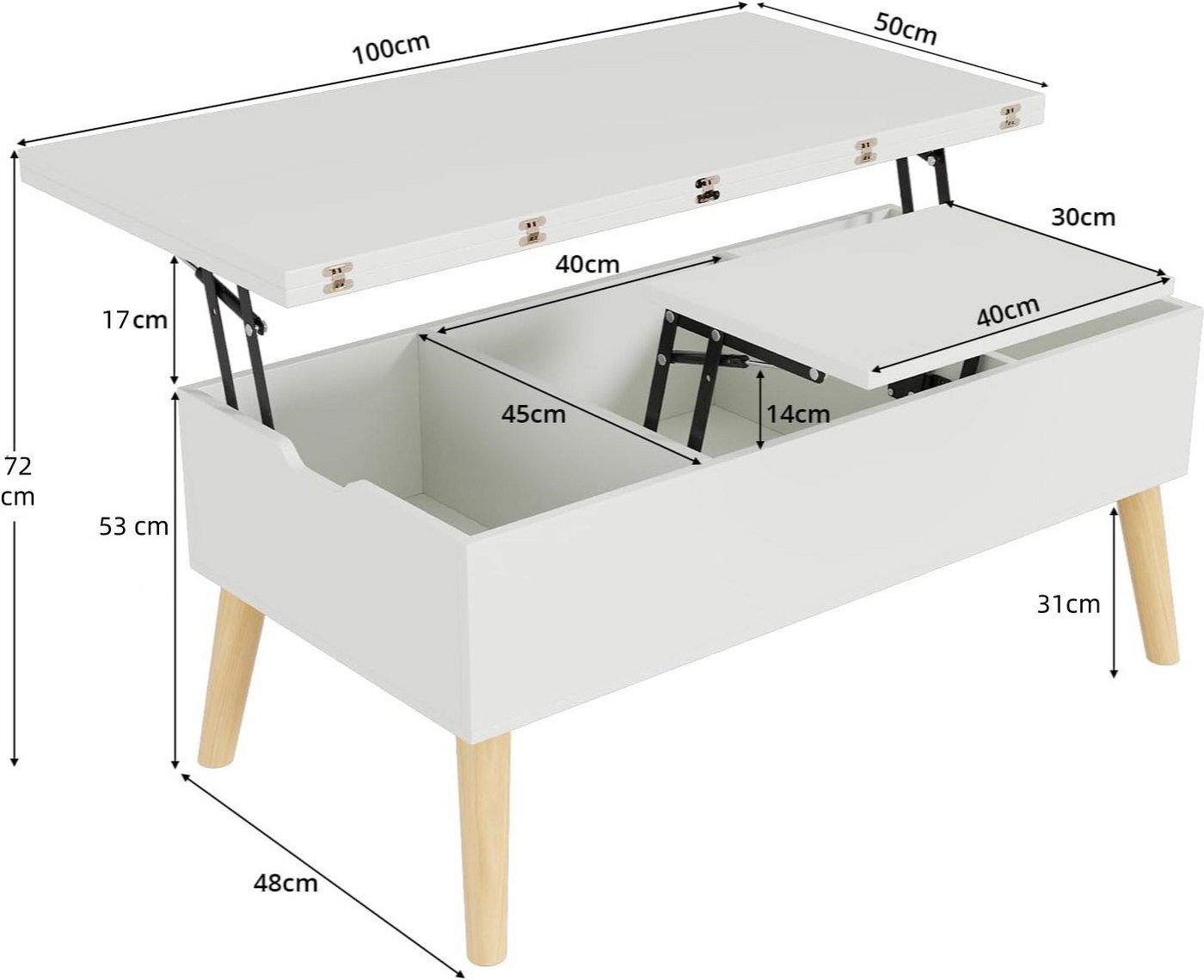 VOWNER Couchtisch mit klappbarer Arbeitsplatte, umwandelbar zum Esstisch, mit Holzbeinen (1-St), 3-in-1-Multifunktions-Wohnzimmertisch mit versteckter Aufbewahr – Bild 2 von 5