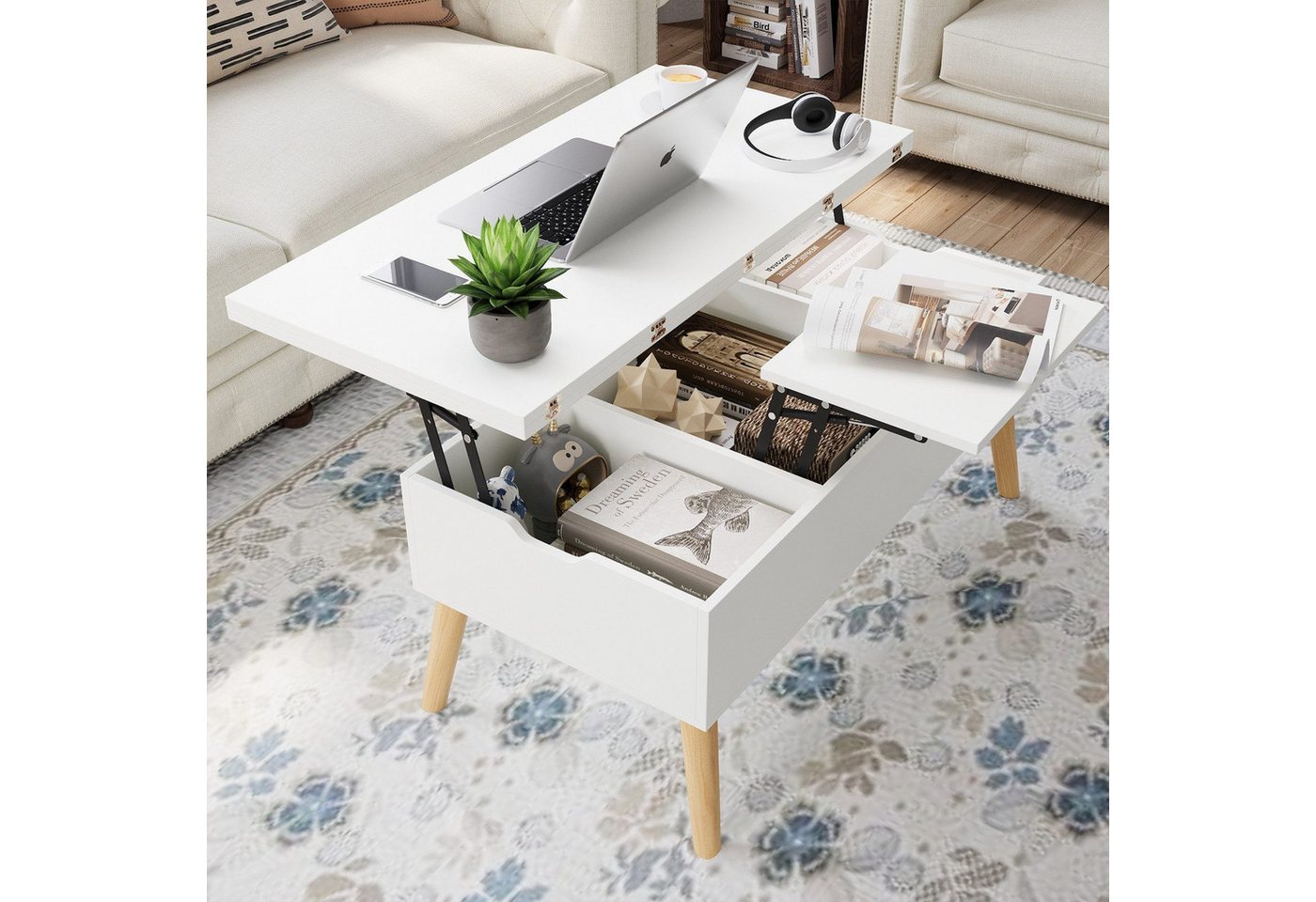 VOWNER Couchtisch mit klappbarer Arbeitsplatte, umwandelbar zum Esstisch, mit Holzbeinen (1-St), 3-in-1-Multifunktions-Wohnzimmertisch mit versteckter Aufbewahr – Bild 3 von 5