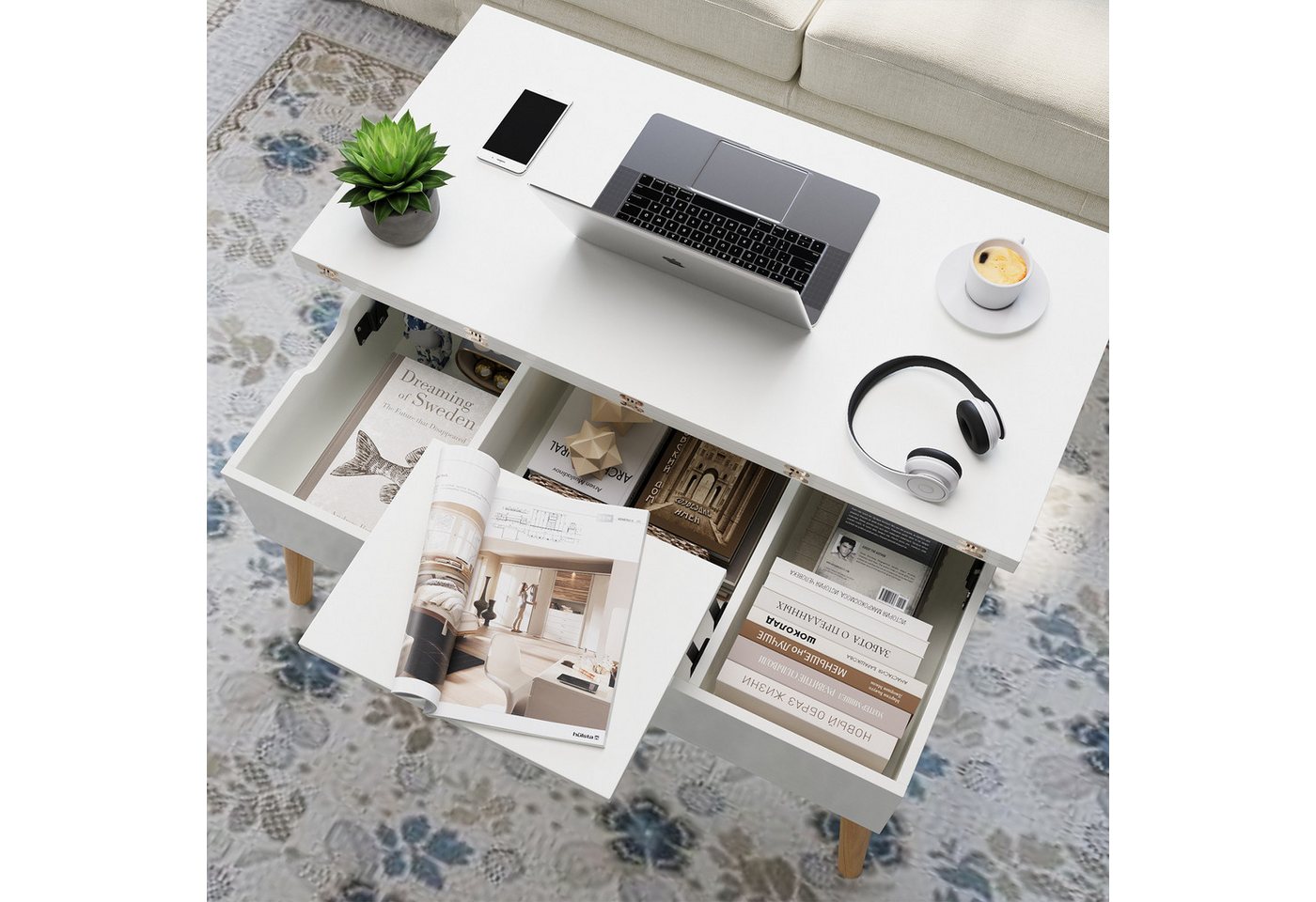VOWNER Couchtisch mit klappbarer Arbeitsplatte, umwandelbar zum Esstisch, mit Holzbeinen (1-St), 3-in-1-Multifunktions-Wohnzimmertisch mit versteckter Aufbewahr – Bild 5 von 5
