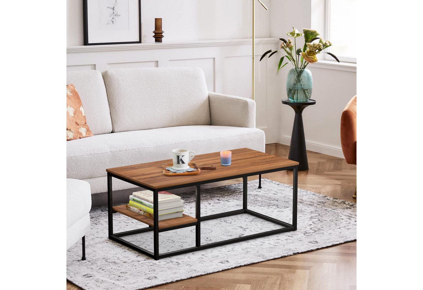VOWNER Couchtisch Wohnzimmer Tisch, Stahlrahmen (1er-Set), Walnuss Farbe – Bild 3 von 5