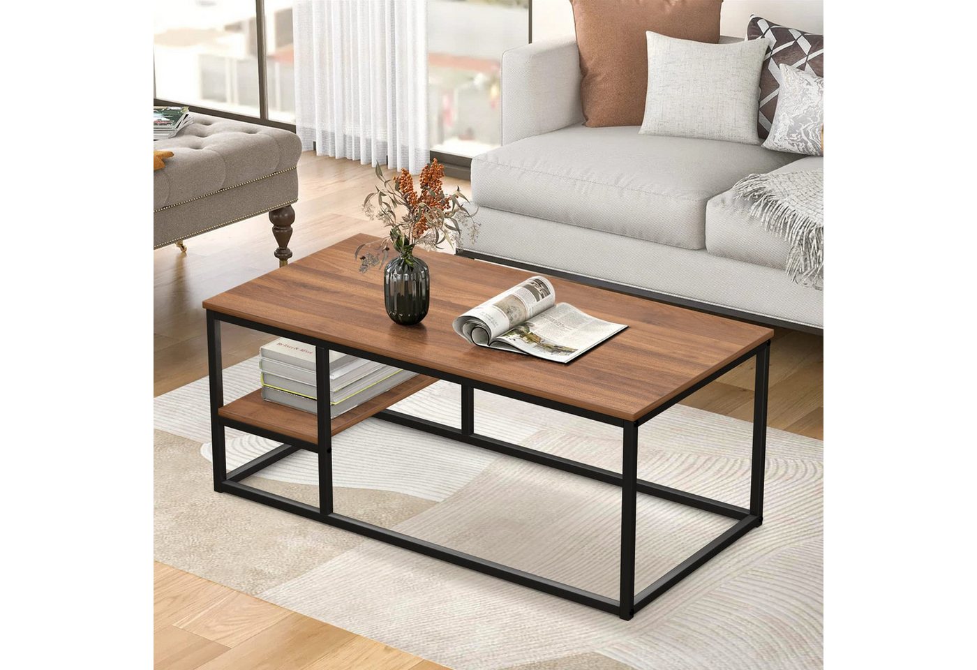 VOWNER Couchtisch Wohnzimmer Tisch, Stahlrahmen (1er-Set), Walnuss Farbe – Bild 4 von 5