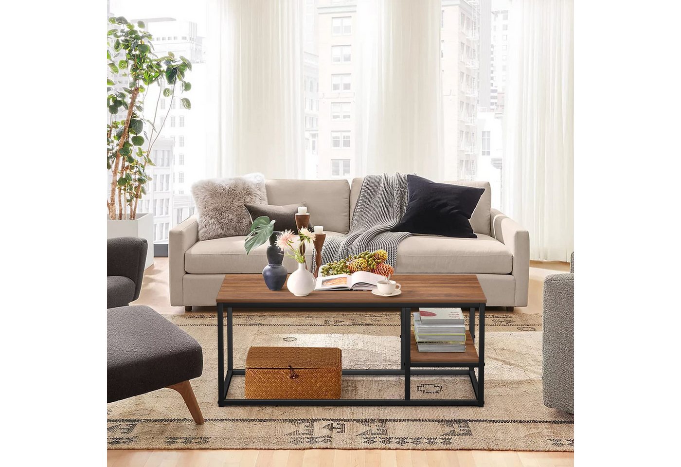 VOWNER Couchtisch Wohnzimmer Tisch, Stahlrahmen (1er-Set), Walnuss Farbe – Bild 5 von 5