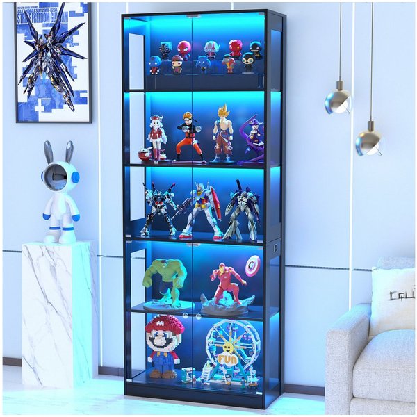 VOWNER Glasvitrine mit 3-Farben-LED - Bewegungssensor (1-St) 5 übereinanderliegende Regale, 80x204x35 cm