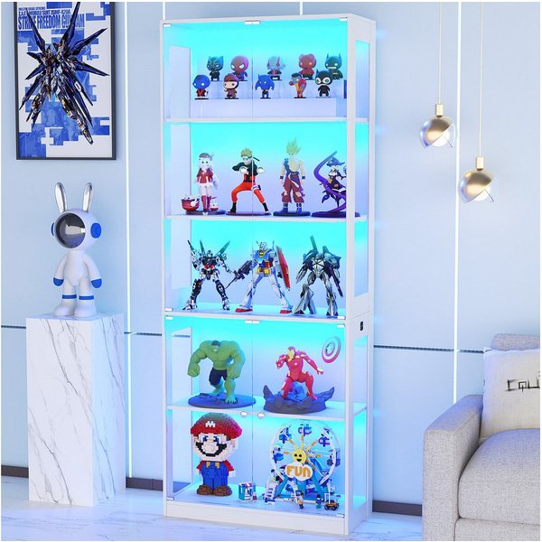 VOWNER Glasvitrine mit 3-Farben-LED - Bewegungssensor (1-St) 5 übereinanderliegende Regale, 80x204x35 cm