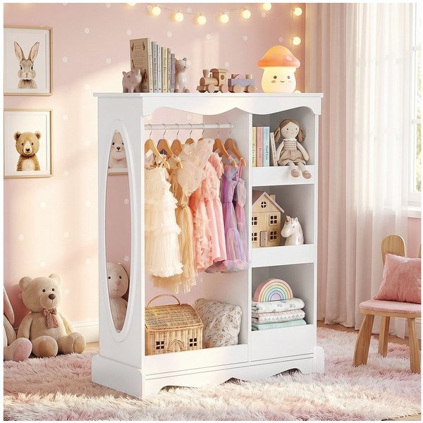 VOWNER Kinderkleiderschrank mit Spiegel, Kleiderstange und Regalen für Kinderzimmer (1-St) Kindergarderobe aus Spanplatte, 80 x 30 x 106 cm