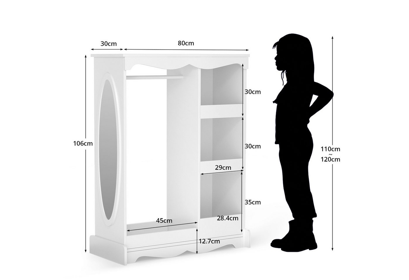 VOWNER Kinderkleiderschrank mit Spiegel, Kleiderstange und Regalen für Kinderzimmer (1-St) Kindergarderobe aus Spanplatte, 80 x 30 x 106 cm – Bild 2 von 5
