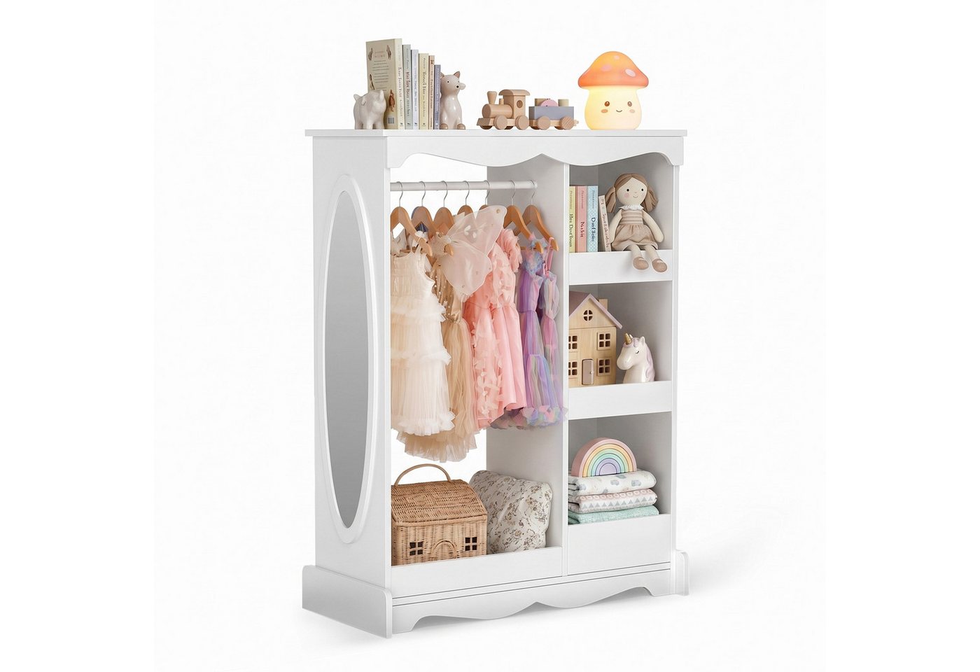 VOWNER Kinderkleiderschrank mit Spiegel, Kleiderstange und Regalen für Kinderzimmer (1-St) Kindergarderobe aus Spanplatte, 80 x 30 x 106 cm – Bild 3 von 5