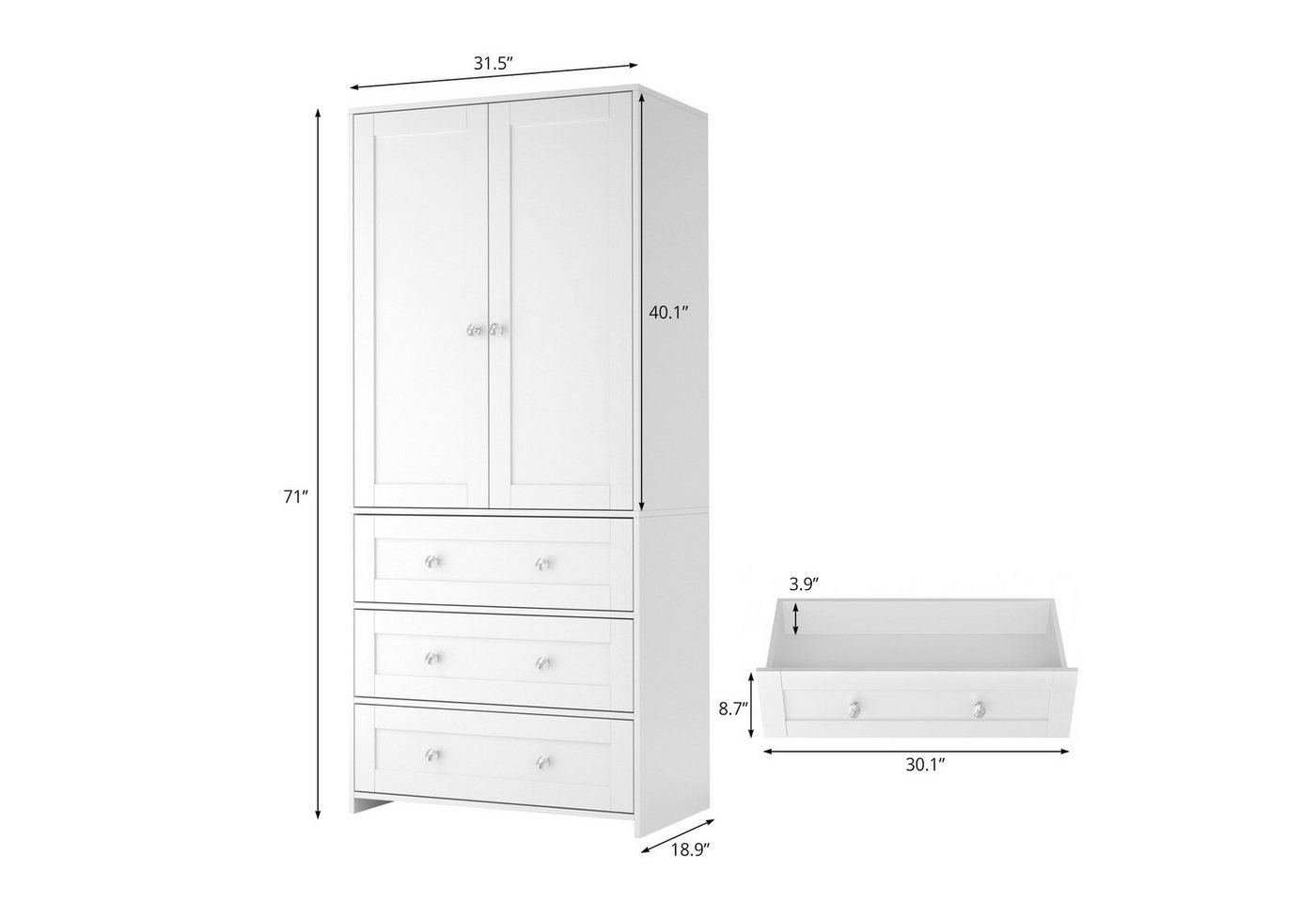 VOWNER Kleiderschrank mit Spiegel, Kleiderstangen, 2 Türen und 3 Schubladen, 80x180x48 cm (1-St) Schlafzimmerschrank mit viel Stauraum, Weiß – Bild 2 von 5