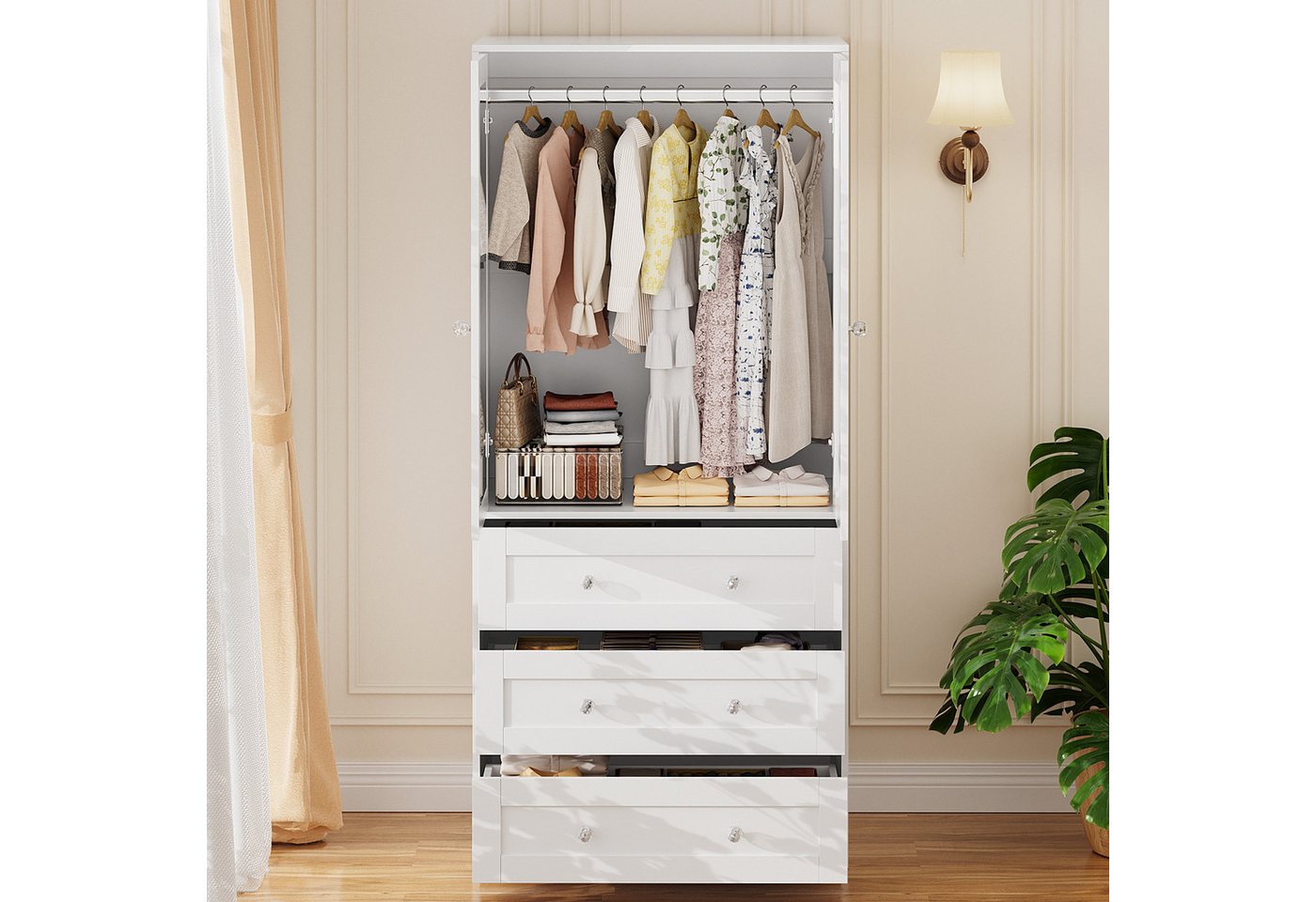 VOWNER Kleiderschrank mit Spiegel, Kleiderstangen, 2 Türen und 3 Schubladen, 80x180x48 cm (1-St) Schlafzimmerschrank mit viel Stauraum, Weiß – Bild 3 von 5