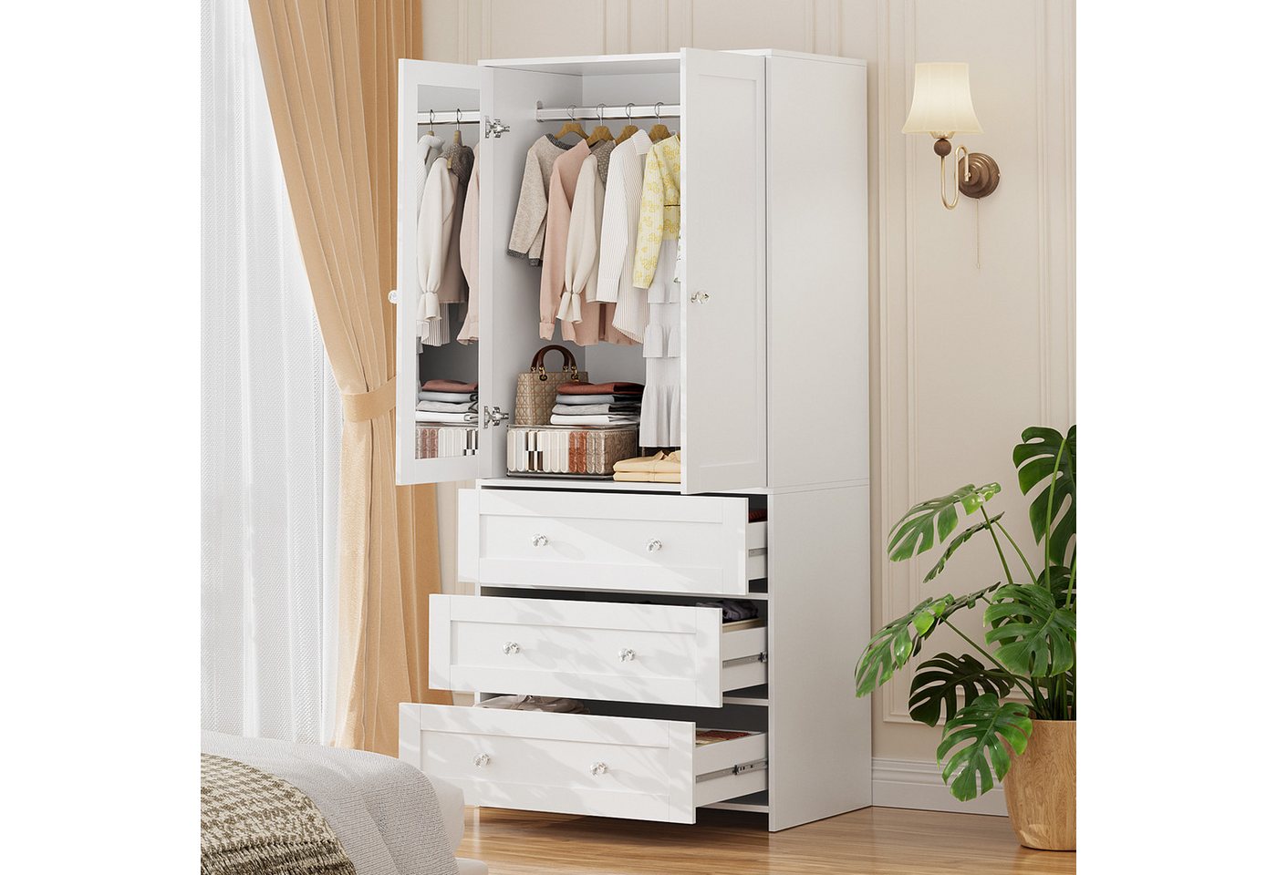 VOWNER Kleiderschrank mit Spiegel, Kleiderstangen, 2 Türen und 3 Schubladen, 80x180x48 cm (1-St) Schlafzimmerschrank mit viel Stauraum, Weiß – Bild 4 von 5