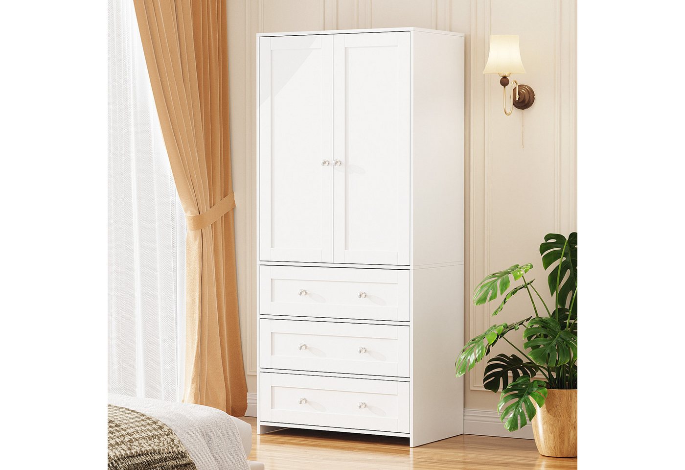 VOWNER Kleiderschrank mit Spiegel, Kleiderstangen, 2 Türen und 3 Schubladen, 80x180x48 cm (1-St) Schlafzimmerschrank mit viel Stauraum, Weiß – Bild 5 von 5