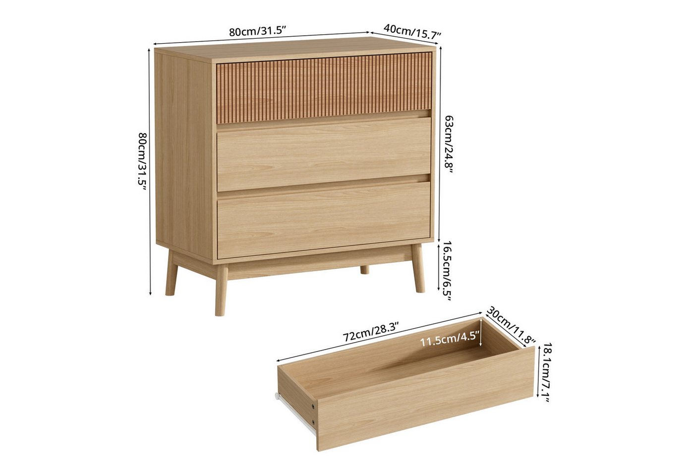 VOWNER Kommode Grifflose Schubkastenkommode im skandinavischen Stil mit 3 Schubladen (1 St), Aufbewahrungskommode, Nachttisch, 80x40x80 cm – Bild 2 von 5