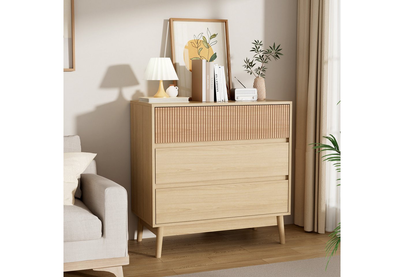 VOWNER Kommode Grifflose Schubkastenkommode im skandinavischen Stil mit 3 Schubladen (1 St), Aufbewahrungskommode, Nachttisch, 80x40x80 cm – Bild 4 von 5