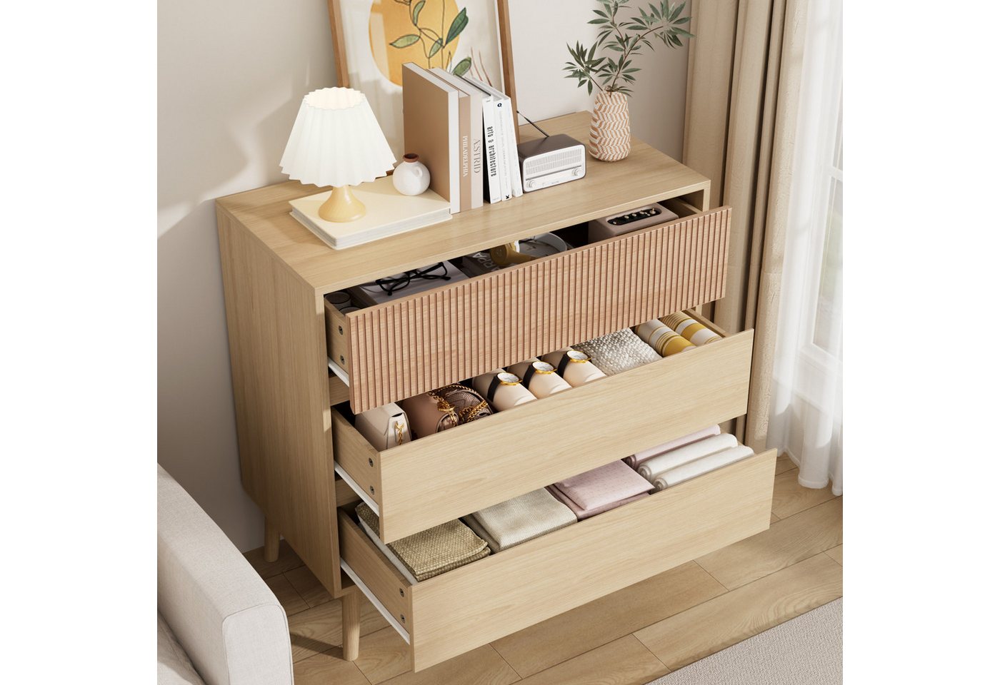 VOWNER Kommode Grifflose Schubkastenkommode im skandinavischen Stil mit 3 Schubladen (1 St), Aufbewahrungskommode, Nachttisch, 80x40x80 cm – Bild 5 von 5