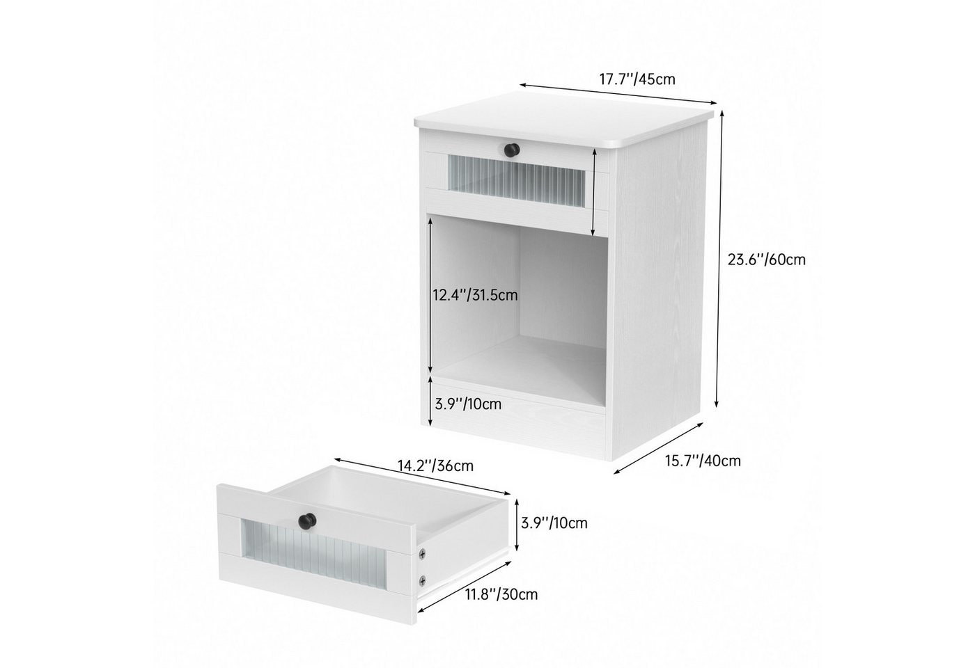 VOWNER Nachttisch mit Glasfront und Schublade, offenes Fach, Weiß, 45x40x60 cm (1-St), multifunktional als Beistelltisch für Schlafzimmer und Wohnzimmer – Bild 2 von 5
