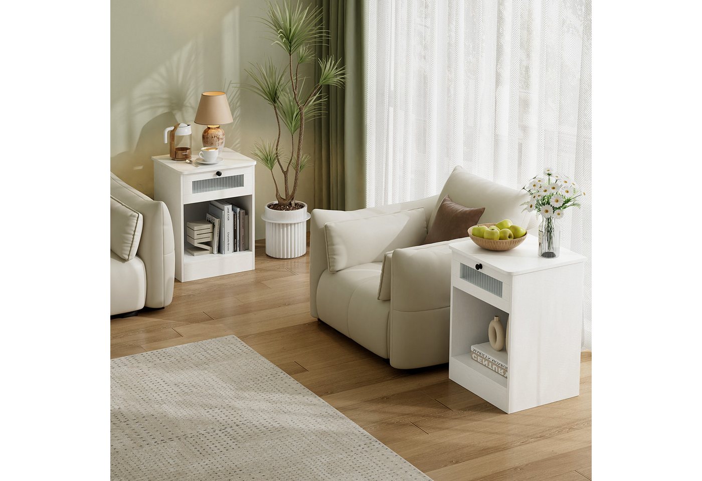 VOWNER Nachttisch mit Glasfront und Schublade, offenes Fach, Weiß, 45x40x60 cm (1-St), multifunktional als Beistelltisch für Schlafzimmer und Wohnzimmer – Bild 4 von 5