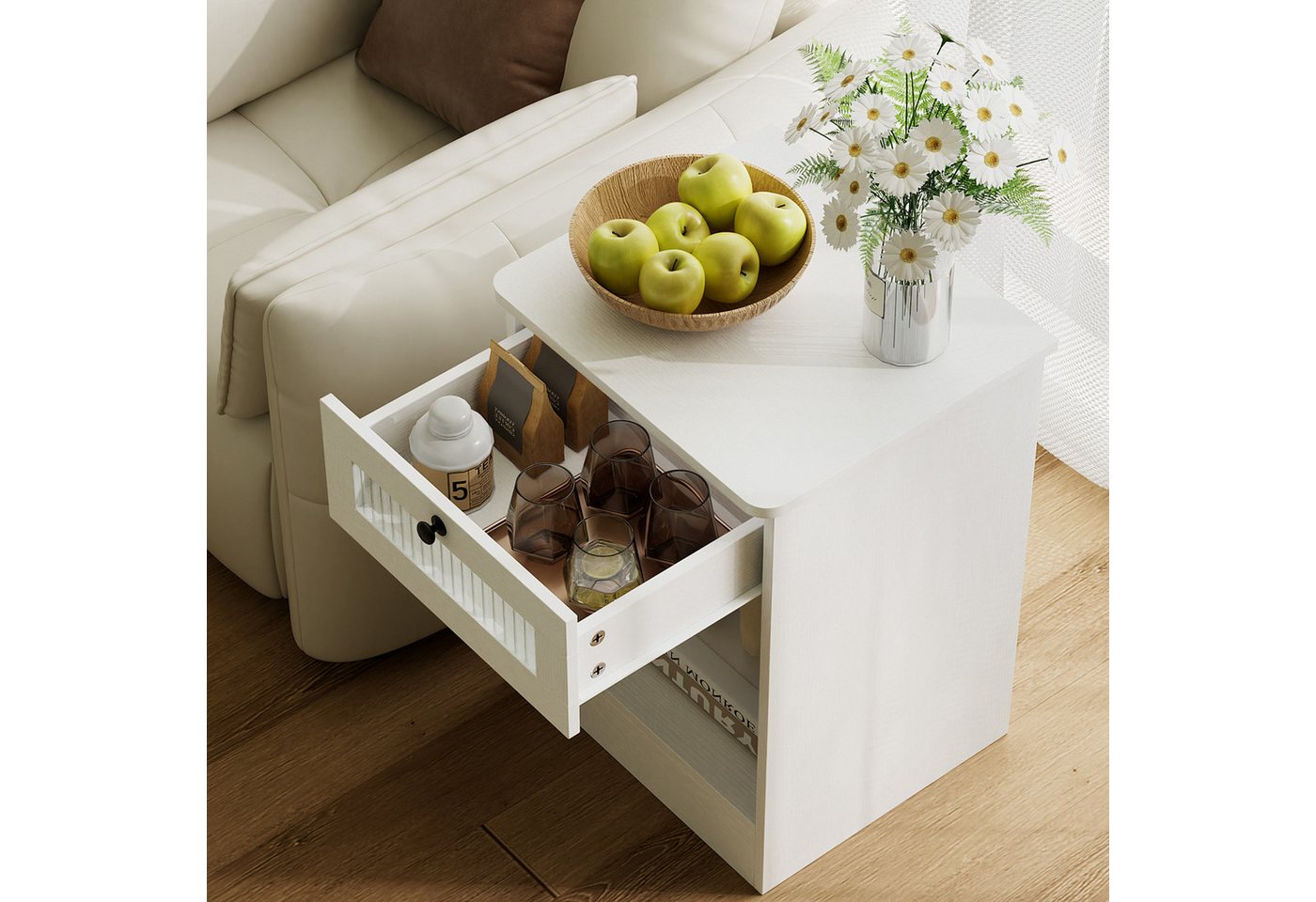 VOWNER Nachttisch mit Glasfront und Schublade, offenes Fach, Weiß, 45x40x60 cm (1-St), multifunktional als Beistelltisch für Schlafzimmer und Wohnzimmer – Bild 5 von 5