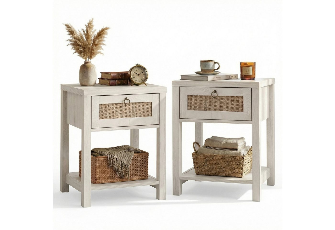VOWNER Nachttisch Set 2er, Landhausstil Beistelltisch mit Schublade und Ablage (2-St), Böhmischer Sideboard für Schlafzimmer, Wohnzimmer – Bild 3 von 5