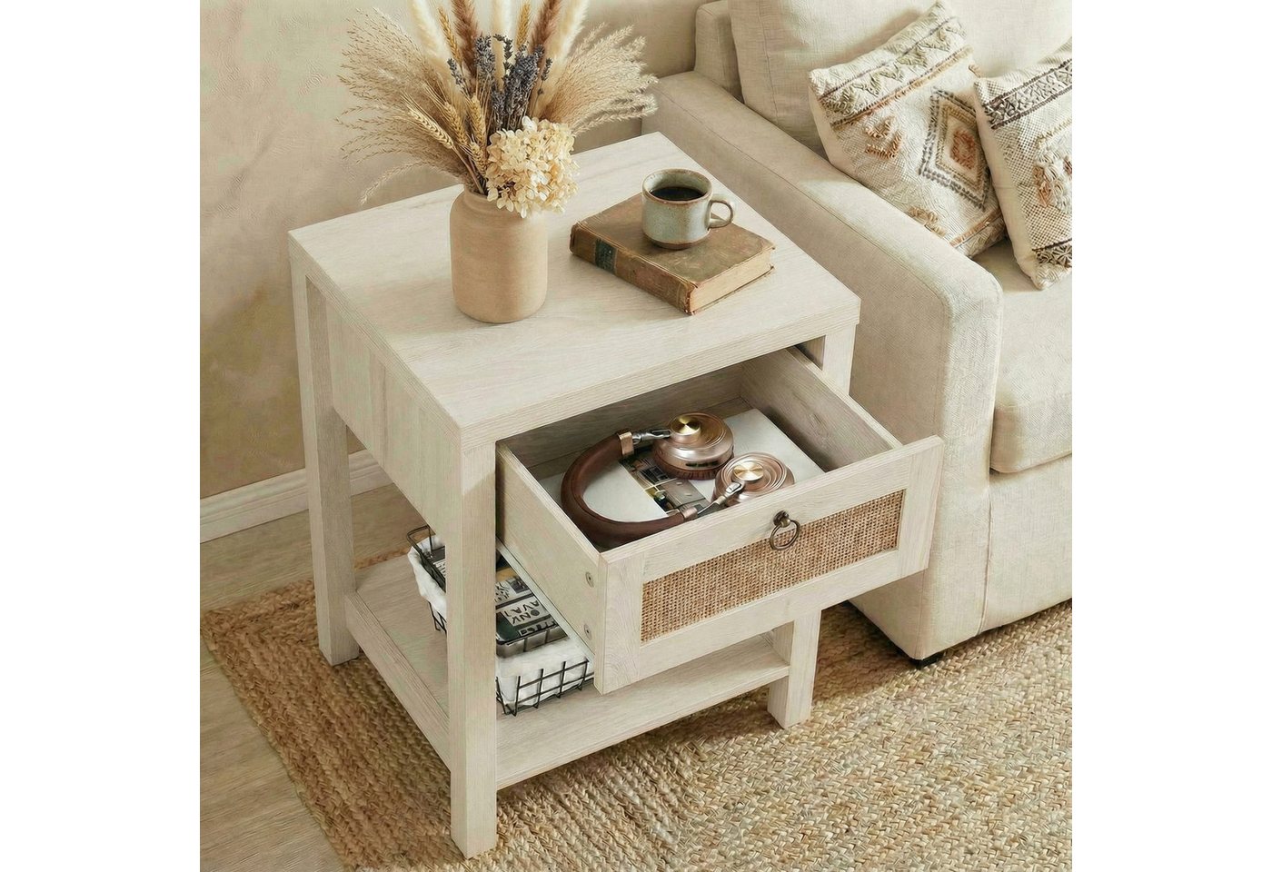 VOWNER Nachttisch Set 2er, Landhausstil Beistelltisch mit Schublade und Ablage (2-St), Böhmischer Sideboard für Schlafzimmer, Wohnzimmer – Bild 5 von 5