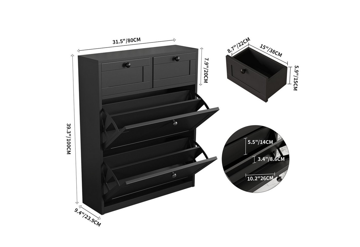 VOWNER Schuhschrank mit 2 Klappen, Einstellbarer Schmal Schuhregal, 80 x 24 x 100 cm (1-St) 2 Flip-Schubladen mit anpassbaren Regalen – Bild 2 von 5