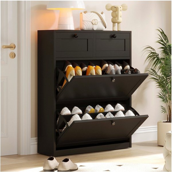 VOWNER Schuhschrank mit 2 Klappen, Schuhregal, 80 x 24 x 100 cm Schwarz