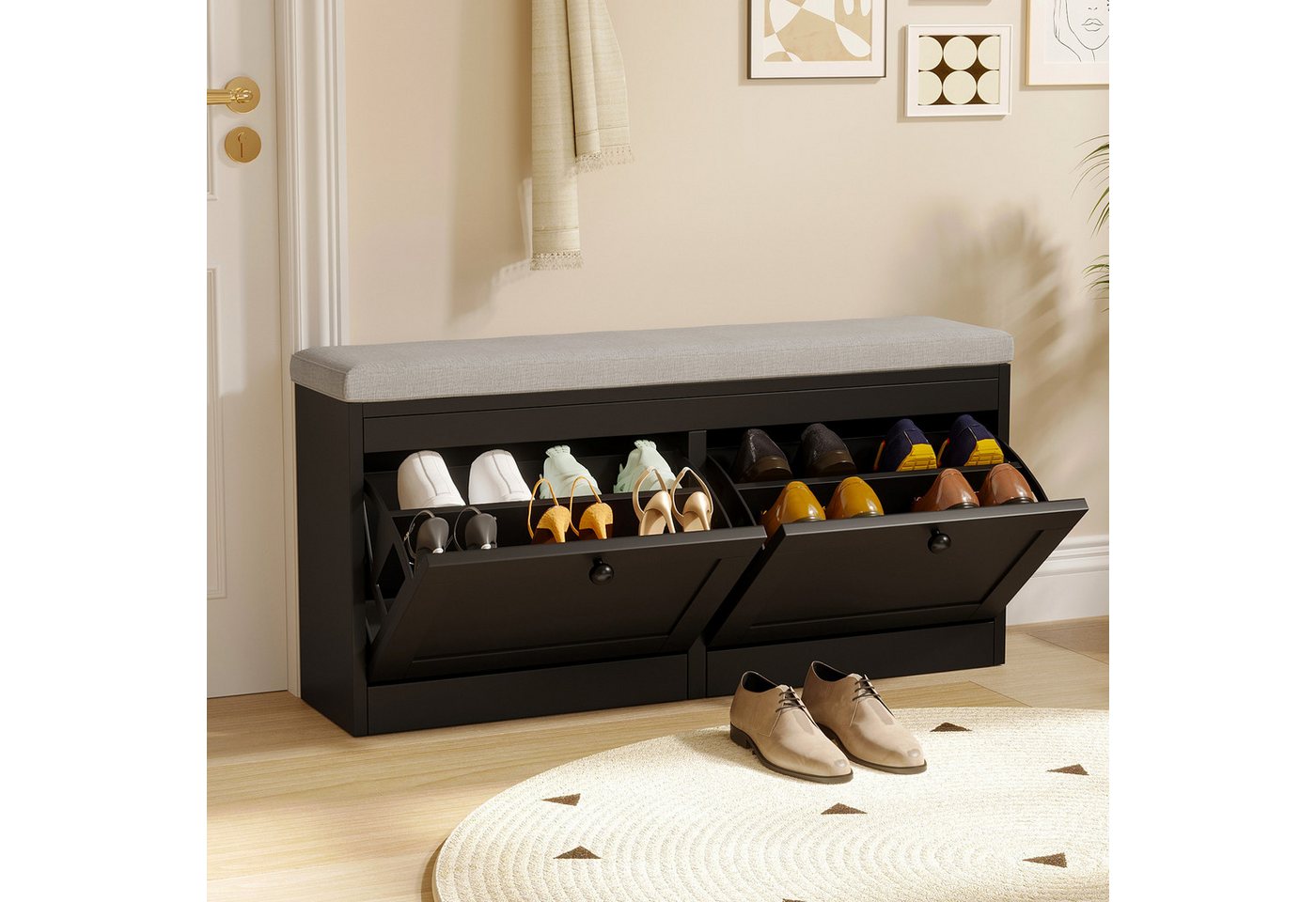 VOWNER Schuhschrank mit 2 Klappen, Sitzbank mit Sitzkissen 106 × 32 × 52 cm – Bild 2 von 5