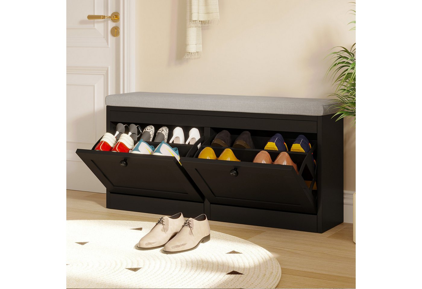 VOWNER Schuhschrank mit 2 Klappen, Sitzbank mit Sitzkissen 106 × 32 × 52 cm – Bild 3 von 5