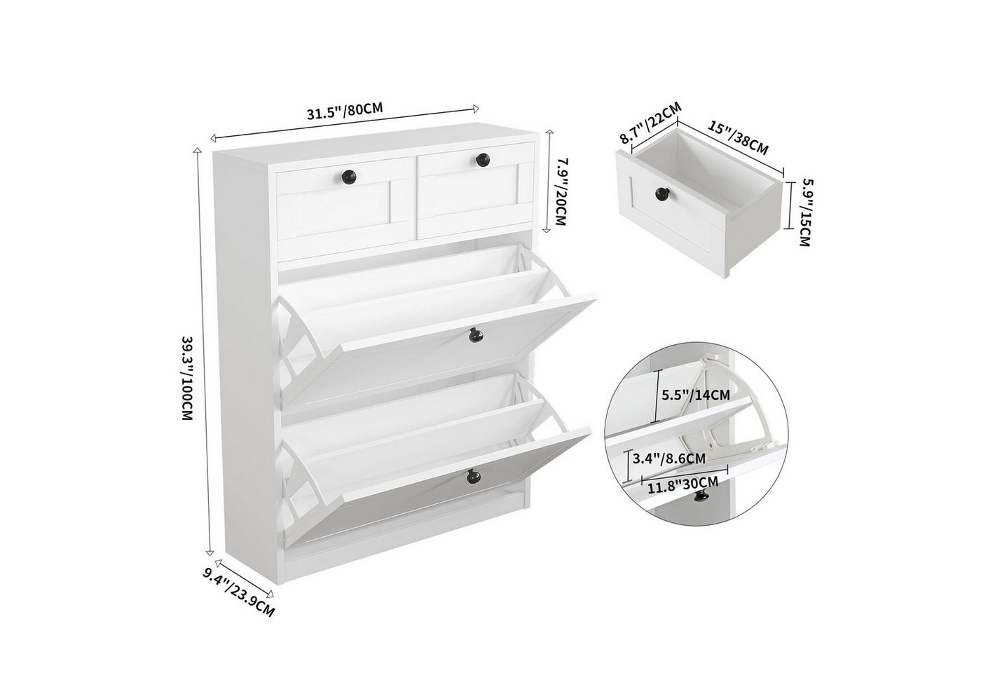 VOWNER Schuhschrank mit 2 Klappen, Schuhregal, 80 x 24 x 100 cm Weiß – Bild 2 von 5