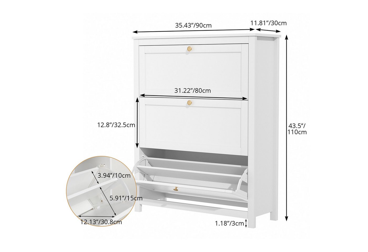 VOWNER Schuhschrank mit 3 Klappen, 6 Fächer, verstellbarer Schuhablage, 90 × 30 × 110 cm (1-St) Ideal für Eingangsbereich/Flur – Bild 2 von 5