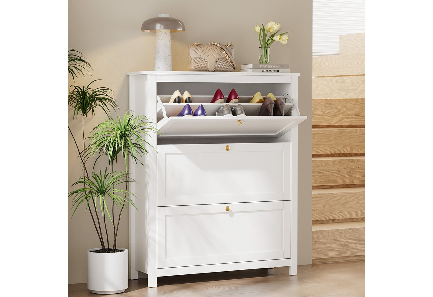 VOWNER Schuhschrank mit 3 Klappen, 6 Fächer, verstellbarer Schuhablage, 90 × 30 × 110 cm (1-St) Ideal für Eingangsbereich/Flur – Bild 4 von 5