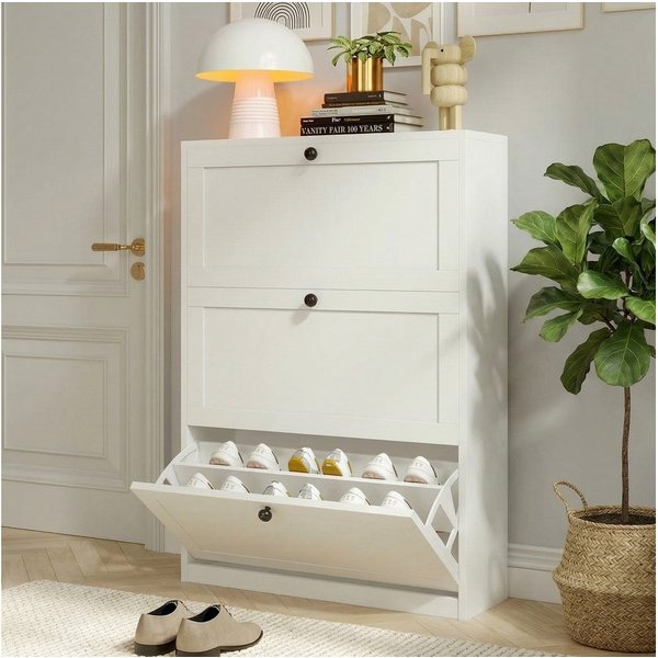 VOWNER Schuhschrank mit 3 Klappen, Schmaler Schuhregal, Verstellbar, 80 x 24 x 117 cm Platzsparend & verstellbar – 24 Paar Schuhe, Weiß