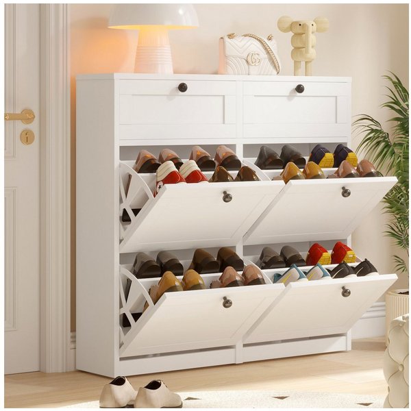 VOWNER Schuhschrank mit 4 Klappen, einstellbarer Schuhregal, schmaler Weiß