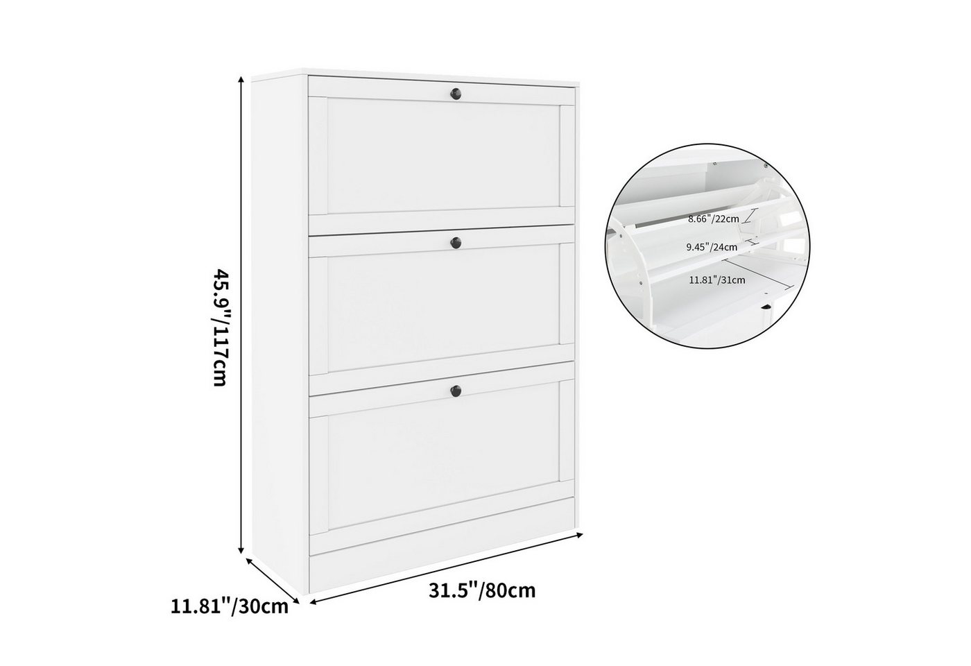 VOWNER Schuhschrank Schuhkommode mit 3 Klappen, schmaler Schuhschrank, 9 Fächer Schuhregal Schuhkipper Schmal, 80x117x30cm – Bild 2 von 5