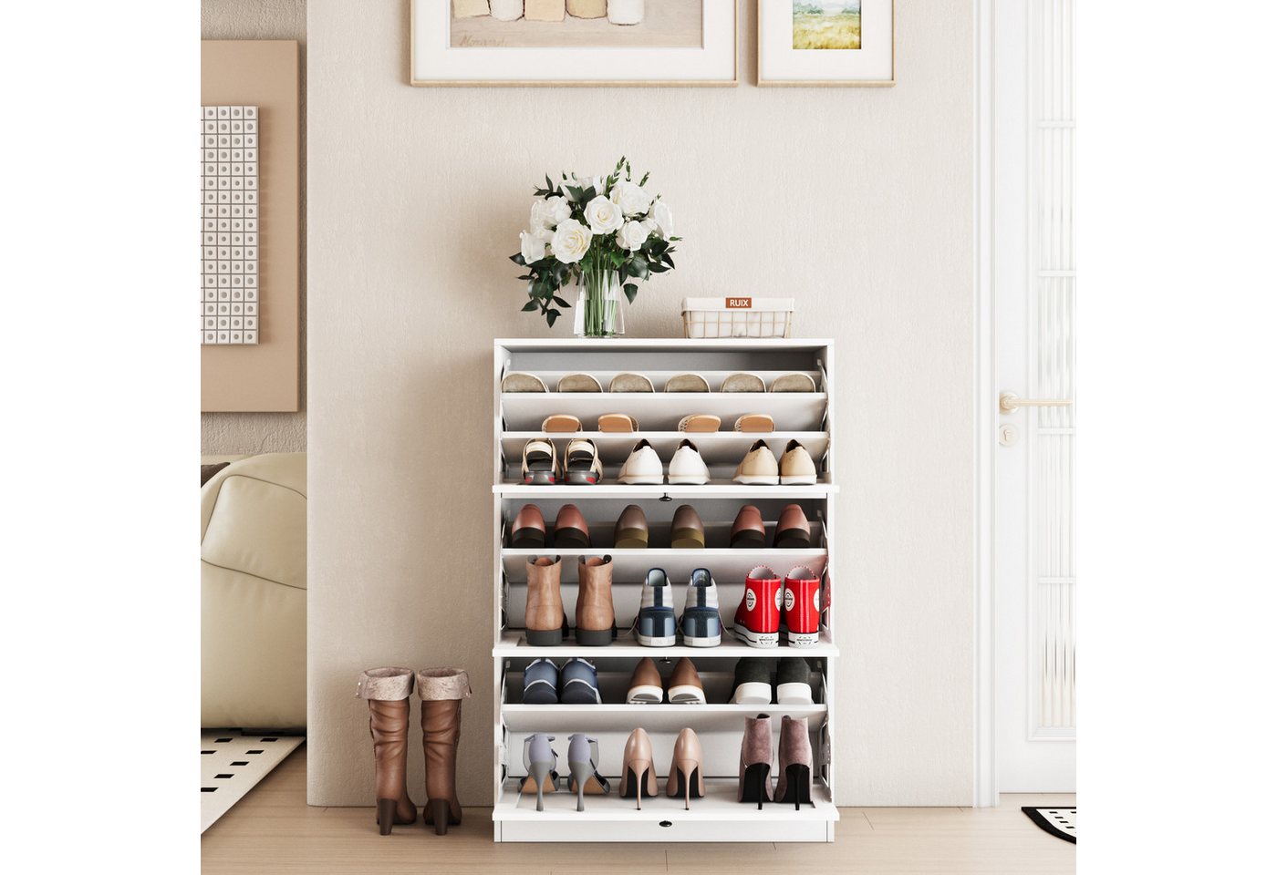 VOWNER Schuhschrank Schuhkommode mit 3 Klappen, schmaler Schuhschrank, 9 Fächer Schuhregal Schuhkipper Schmal, 80x117x30cm – Bild 4 von 5