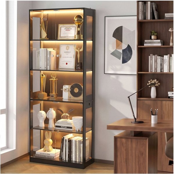 VOWNER Vitrine mit LED-Beleuchtung, Bewegungssensor und Glastüren, 80x35x204cm (1-St) 5-Ebenen Sammlerschrank aus Spanplatte und Glas