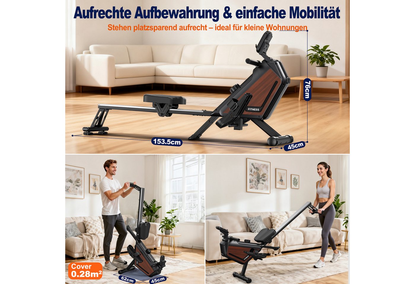 VOWVIT Rudermaschine magnetisch, 16 Widerstandsstufen, leiser Betrieb, App-kompatibel (1-tlg), bis 160 kg belastbar, vertikal platzsparend – Bild 2 von 5