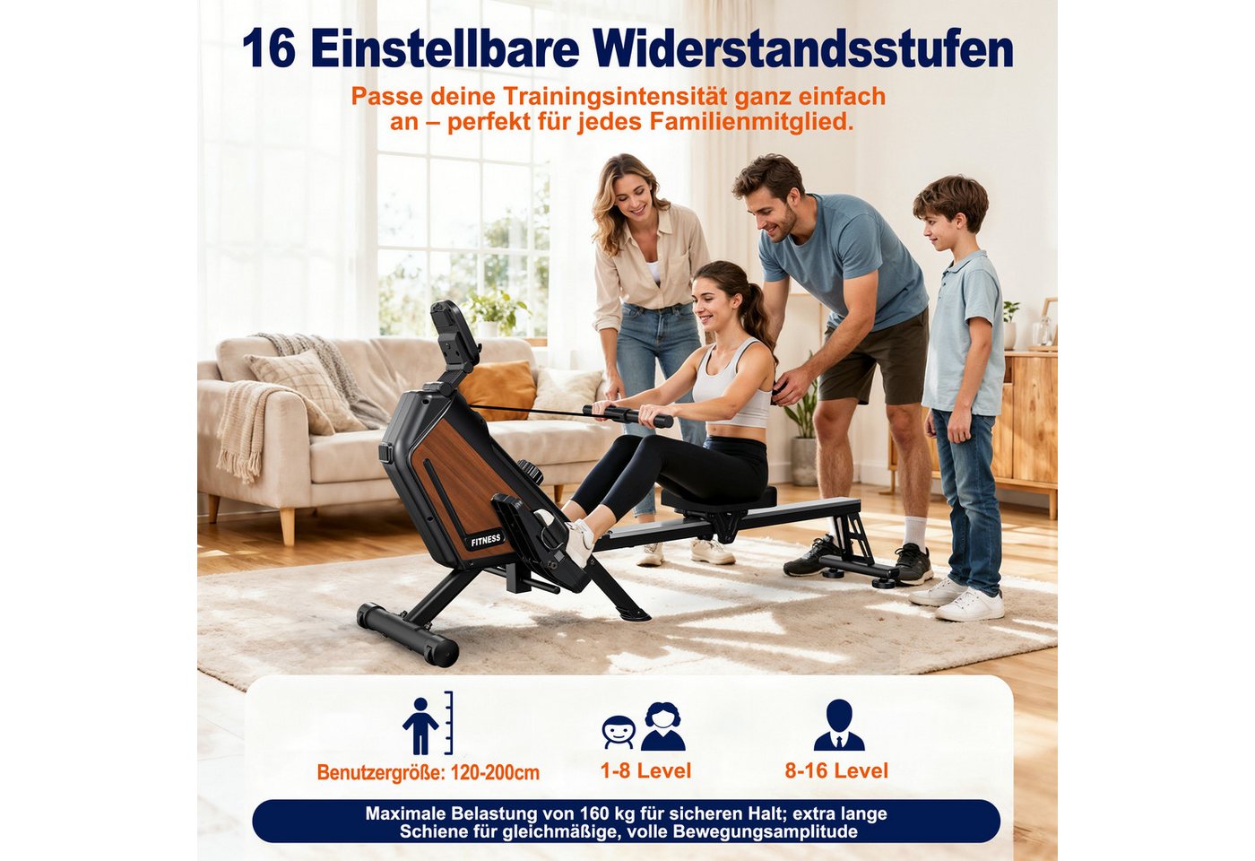 VOWVIT Rudermaschine magnetisch, 16 Widerstandsstufen, leiser Betrieb, App-kompatibel (1-tlg), bis 160 kg belastbar, vertikal platzsparend – Bild 4 von 5