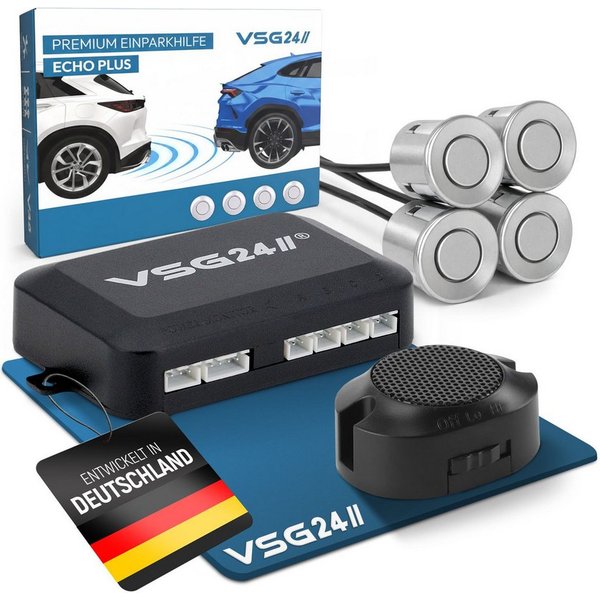 VSG24 Akustische Premium Einparkhilfe ECHO PLUS Parkhilfe zum nachrüsten PDC Rückfahrkamera (Rückfahrwarner mit Lautsprecher & 4 Sensoren Stecksystem Nachrüstsa