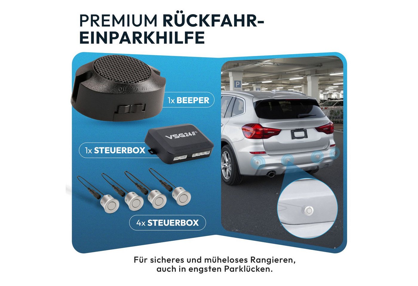 VSG24 Akustische Premium Einparkhilfe ECHO PLUS Parkhilfe zum nachrüsten PDC Rückfahrkamera (Rückfahrwarner mit Lautsprecher & 4 Sensoren Stecksystem Nachrüstsa – Bild 2 von 5