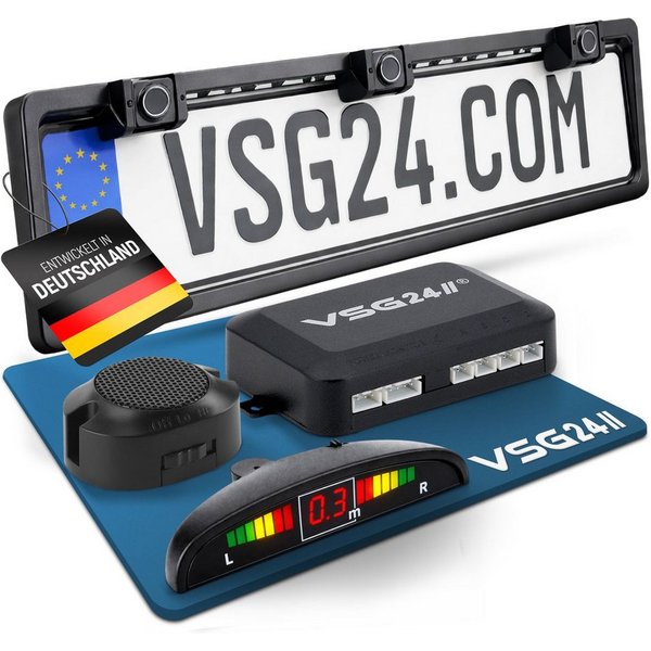 VSG24 Akustische Premium Einparkhilfe ECHO PLUS Parkhilfe zum nachrüsten PDC Rückfahrkamera (Rückfahrwarner mit Lautsprecher & 4 Sensoren Stecksystem Nachrüstsa